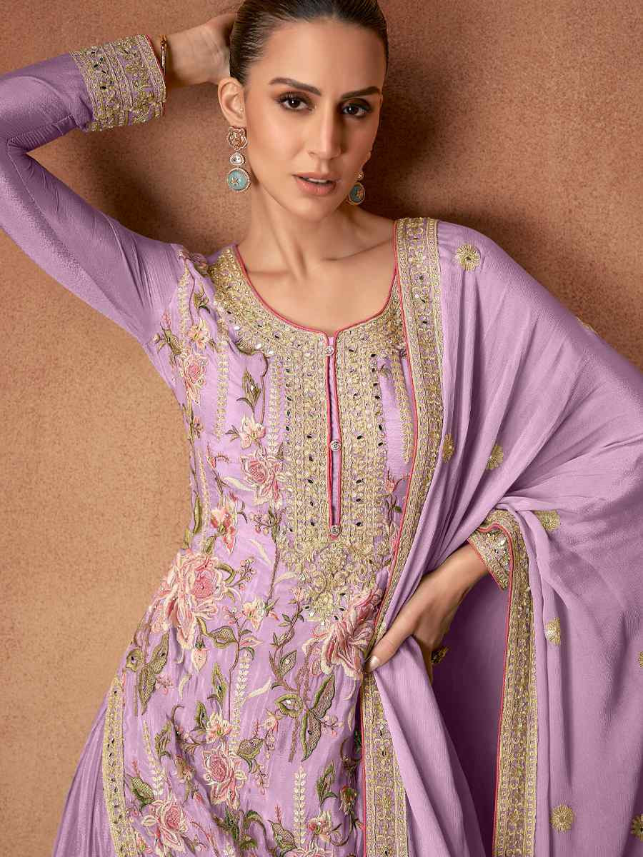 Purple Chinon Silk Embroidered Festival Wedding Ready Palazzo Pant Salwar Kameez