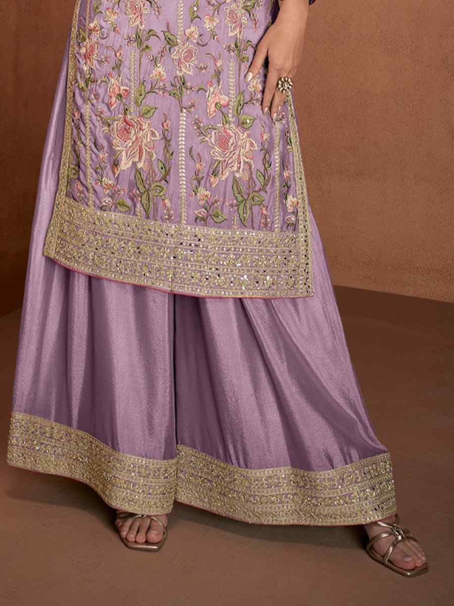 Purple Chinon Silk Embroidered Festival Wedding Ready Palazzo Pant Salwar Kameez