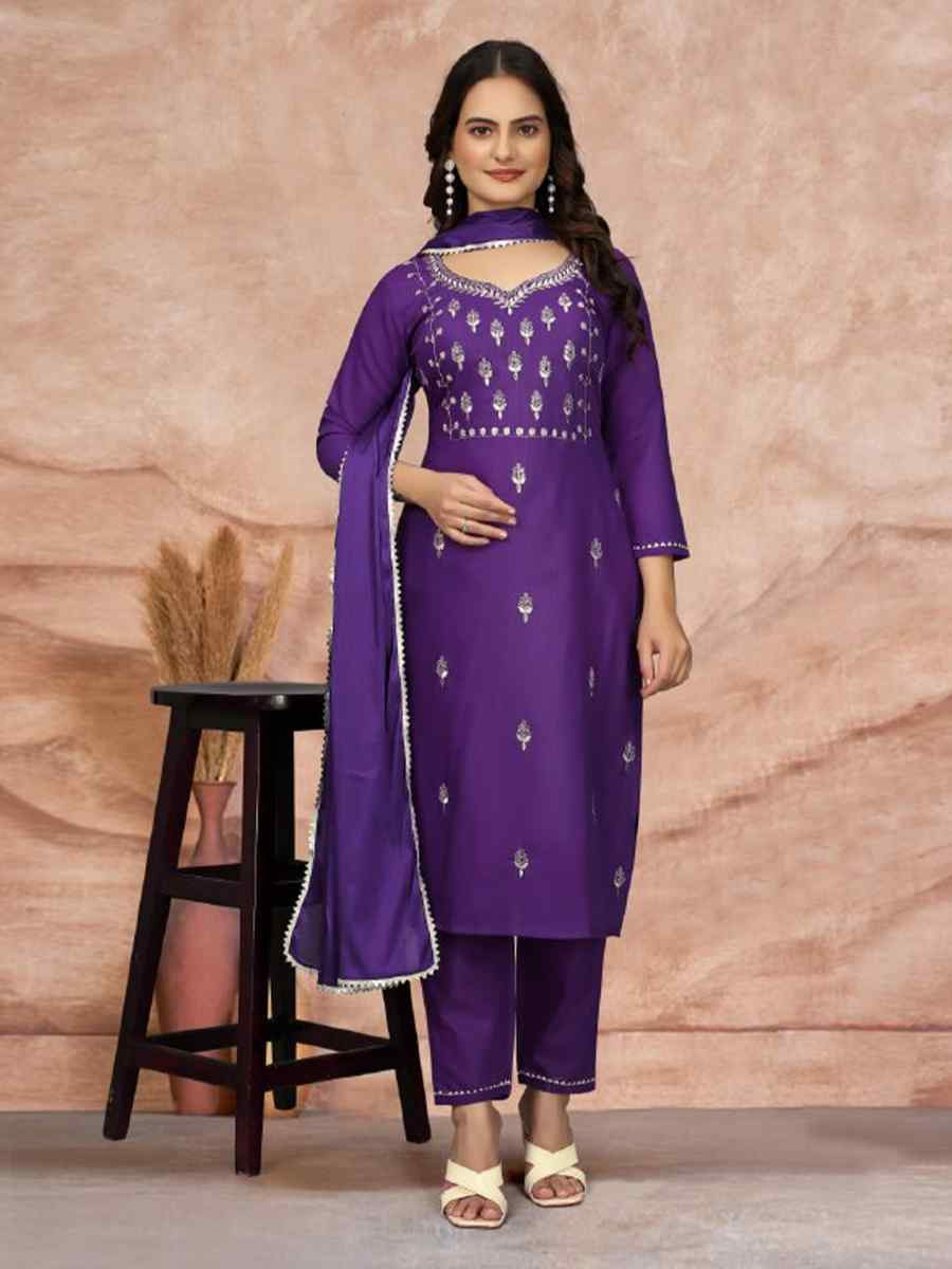 Purple Cotton Blend Embroidered Festival Casual Ready Pant Salwar Kameez