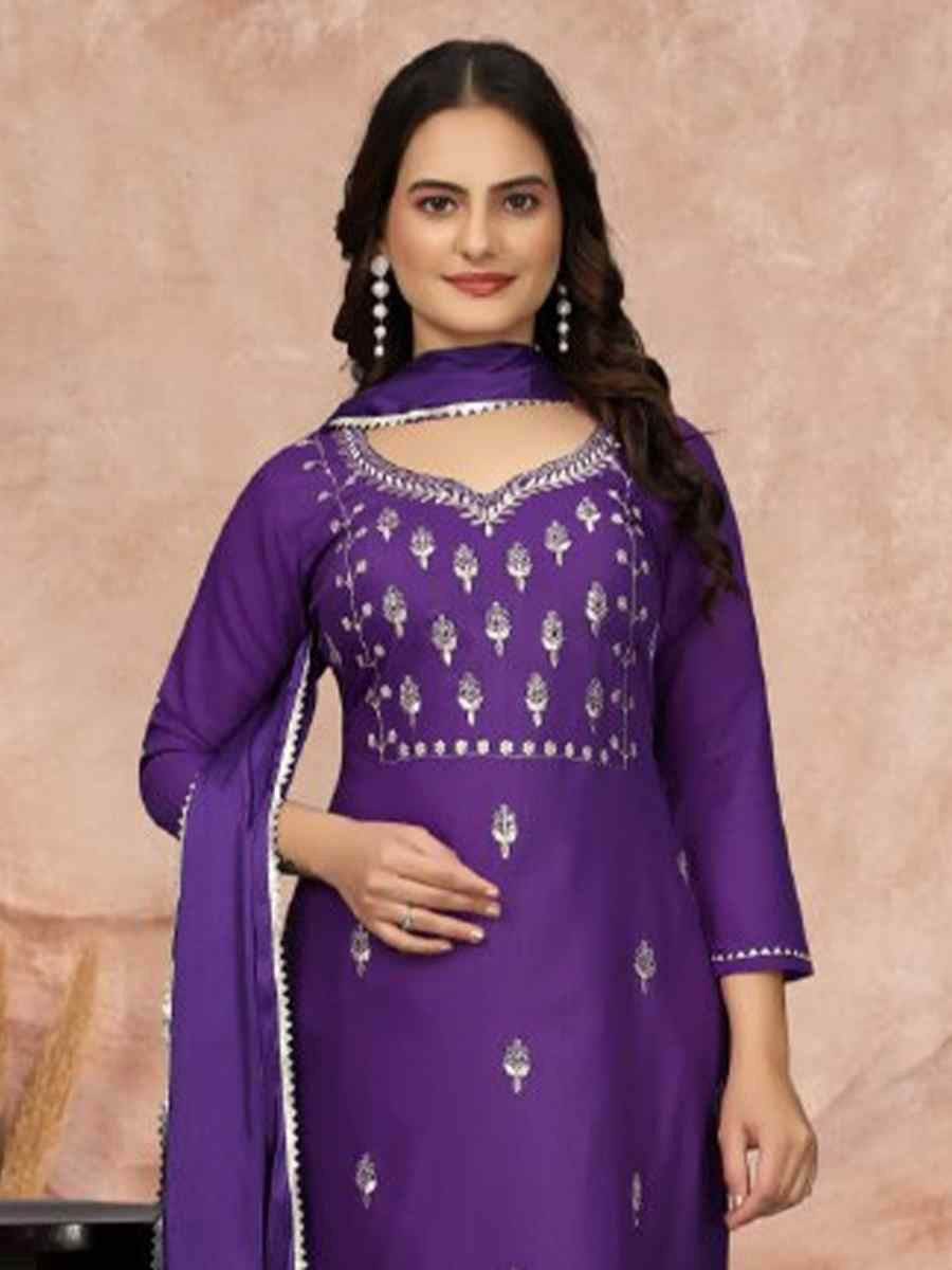 Purple Cotton Blend Embroidered Festival Casual Ready Pant Salwar Kameez