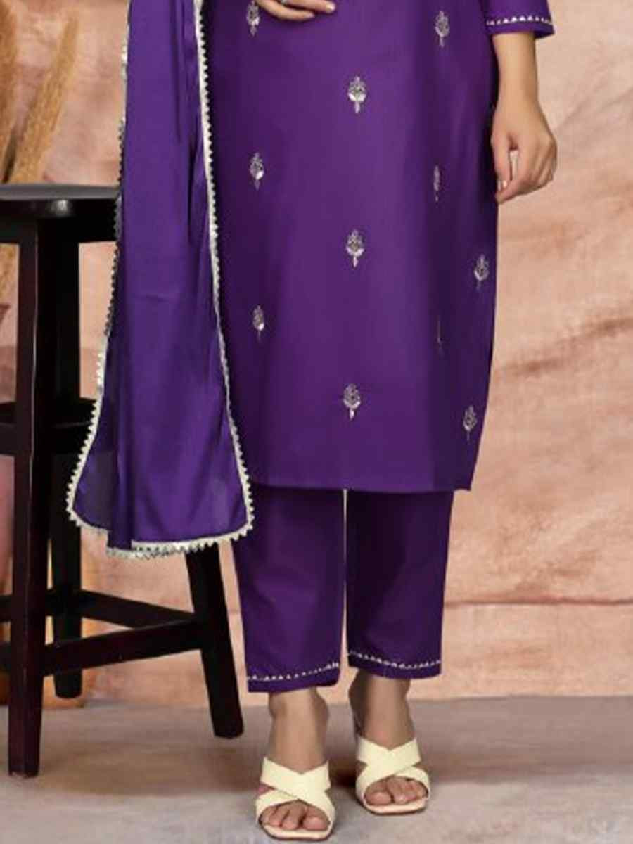 Purple Cotton Blend Embroidered Festival Casual Ready Pant Salwar Kameez