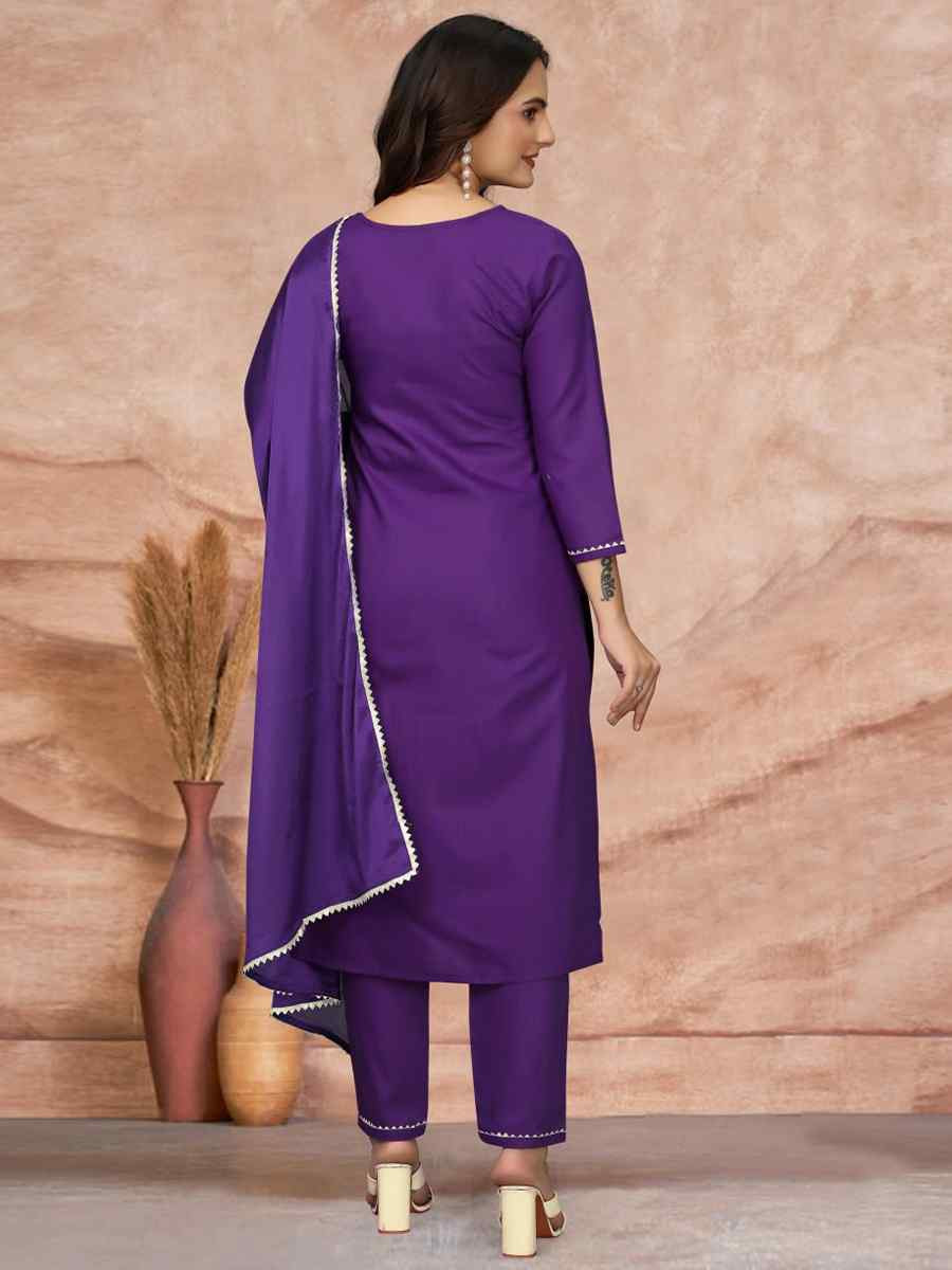 Purple Cotton Blend Embroidered Festival Casual Ready Pant Salwar Kameez