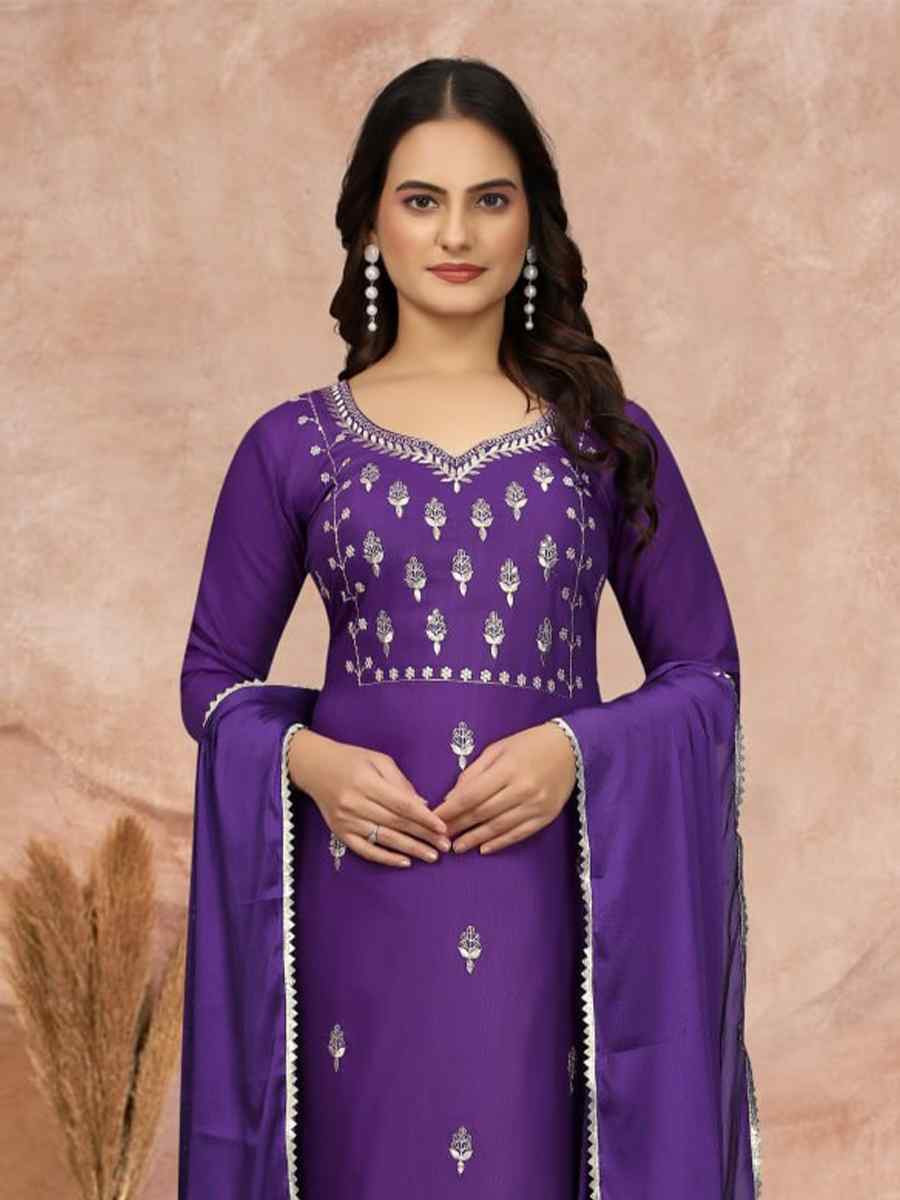 Purple Cotton Blend Embroidered Festival Casual Ready Pant Salwar Kameez