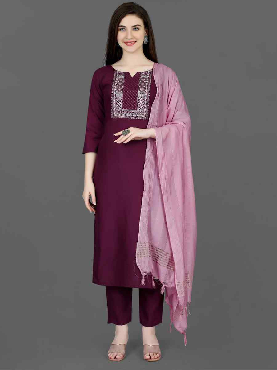 Purple Cotton Blend Embroidered Festival Wedding Pant Salwar Kameez