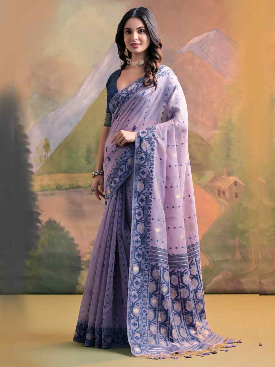 Purple Cotton Handwoven Festival Wedding Heavy Border Saree