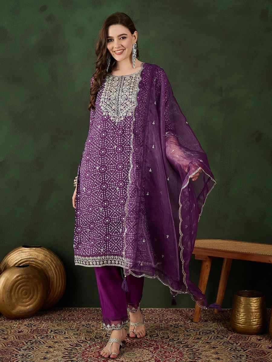 Purple Cotton Silk Embroidered Festival Casual Ready Pant Salwar Kameez