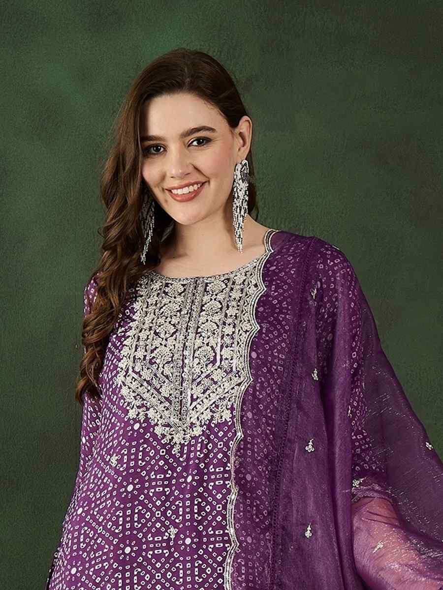 Purple Cotton Silk Embroidered Festival Casual Ready Pant Salwar Kameez