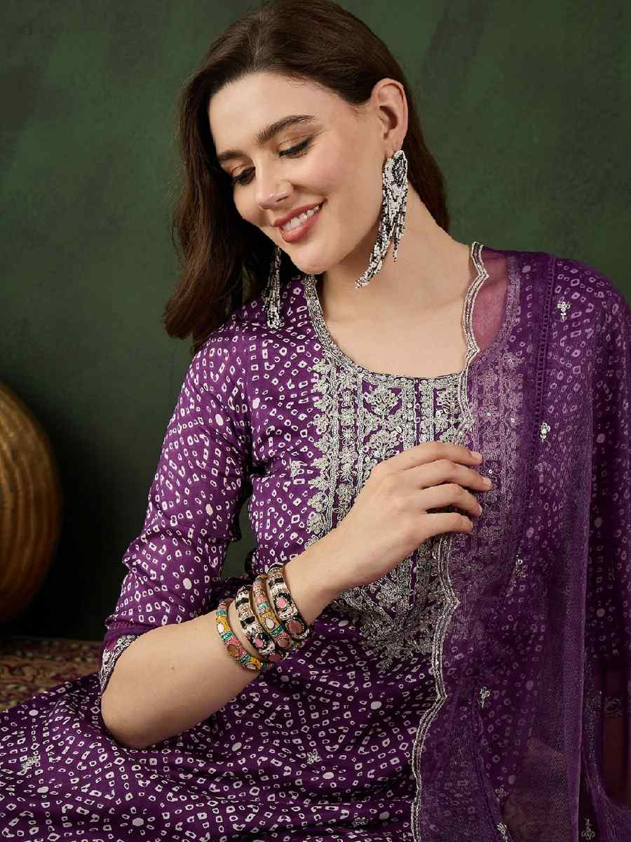 Purple Cotton Silk Embroidered Festival Casual Ready Pant Salwar Kameez