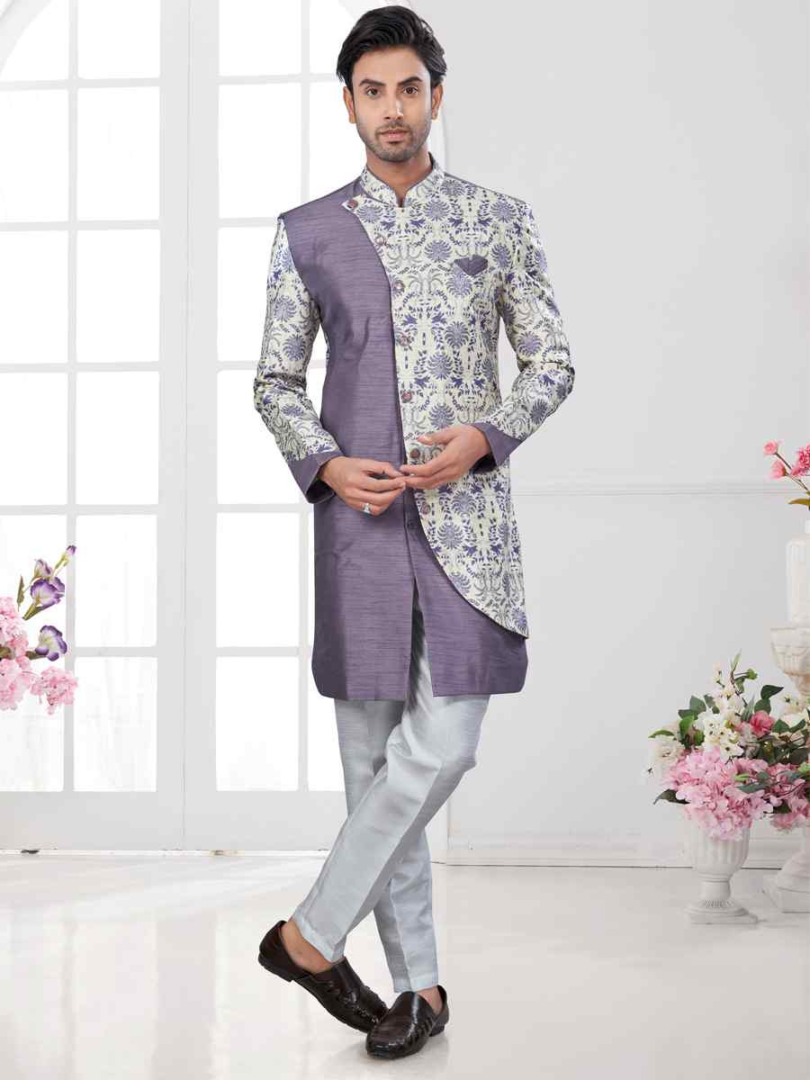 Purple Cream Silk Dupion Embroidered Festival Wedding Sherwani