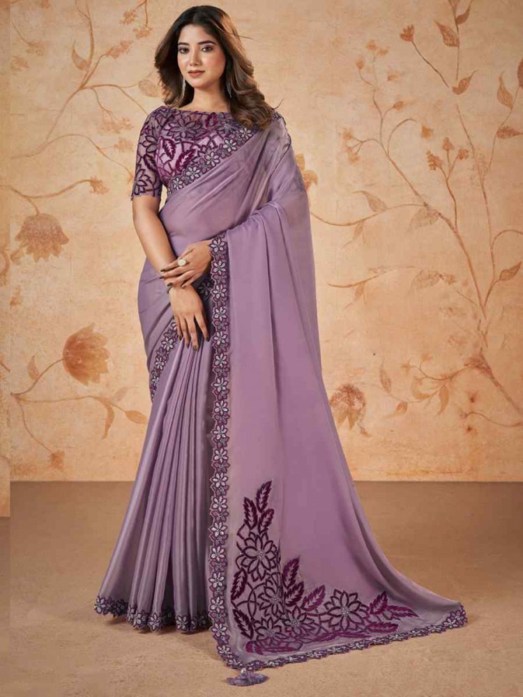 Purple Crepe Satin Silk Embroidered Festival Party Classic Style Saree