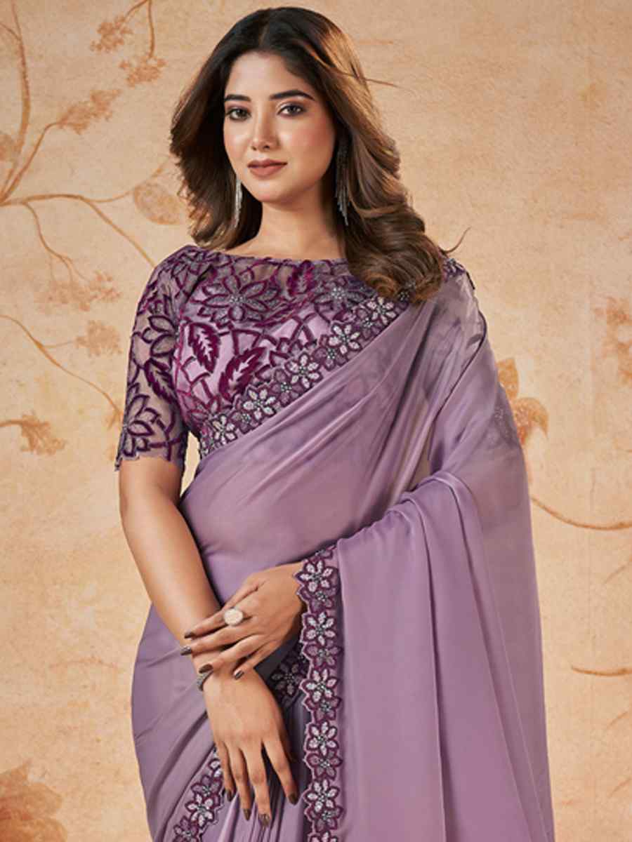 Purple Crepe Satin Silk Embroidered Festival Party Classic Style Saree