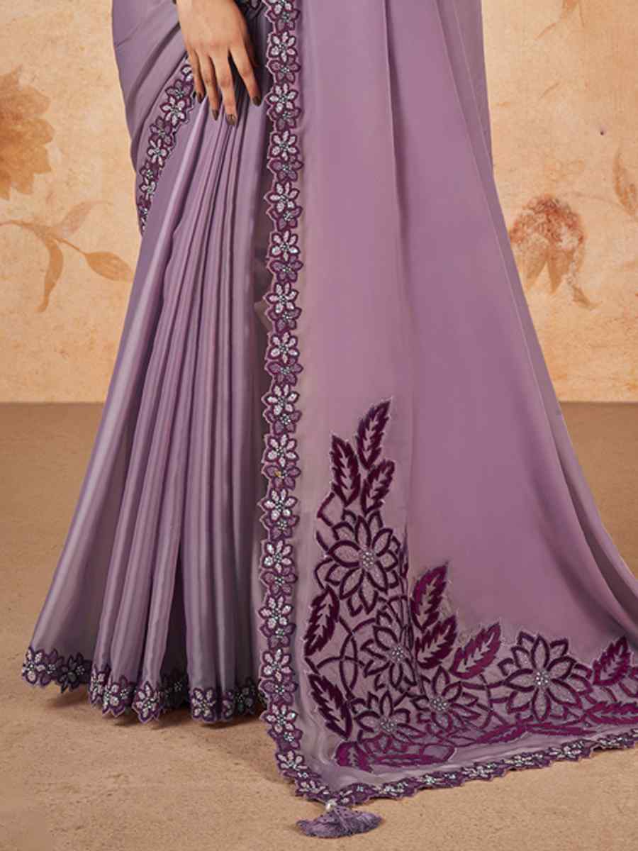 Purple Crepe Satin Silk Embroidered Festival Party Classic Style Saree