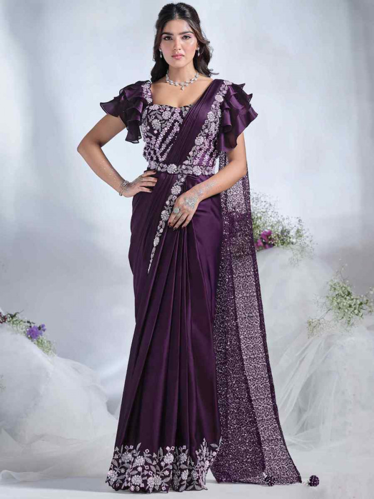 Purple Crepe Satin Silk Embroidered Reception Wedding Heavy Border Saree