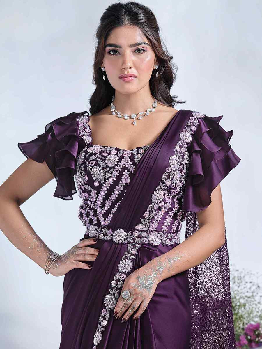 Purple Crepe Satin Silk Embroidered Reception Wedding Heavy Border Saree