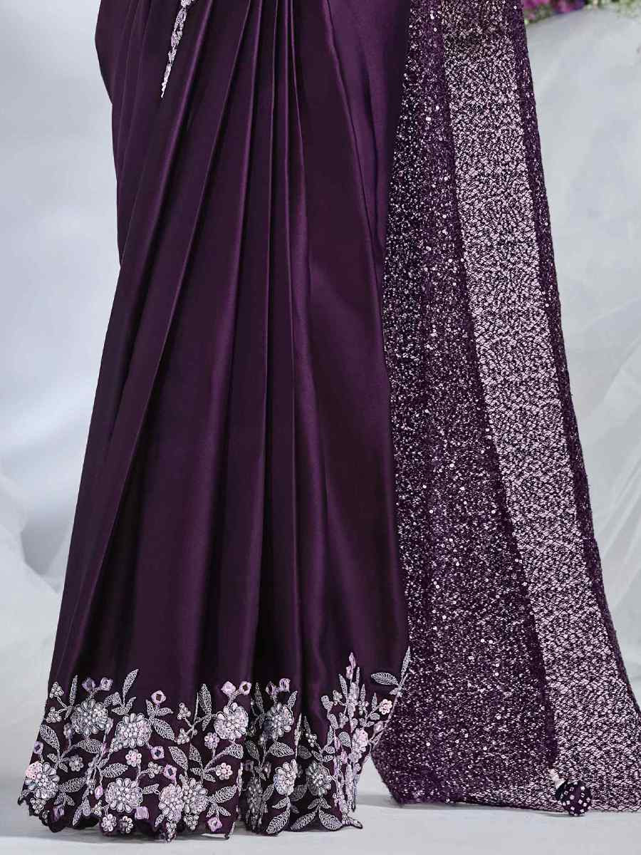 Purple Crepe Satin Silk Embroidered Reception Wedding Heavy Border Saree