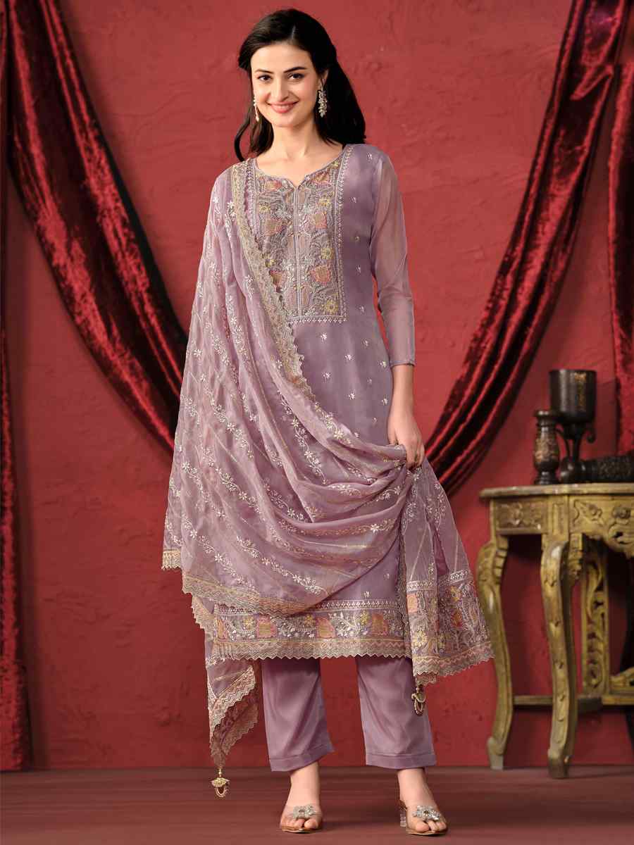 Purple Crystal Organza Embroidered Festival Wedding Pant Salwar Kameez