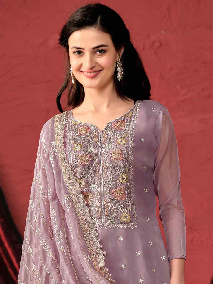 Purple Crystal Organza Embroidered Festival Wedding Pant Salwar Kameez