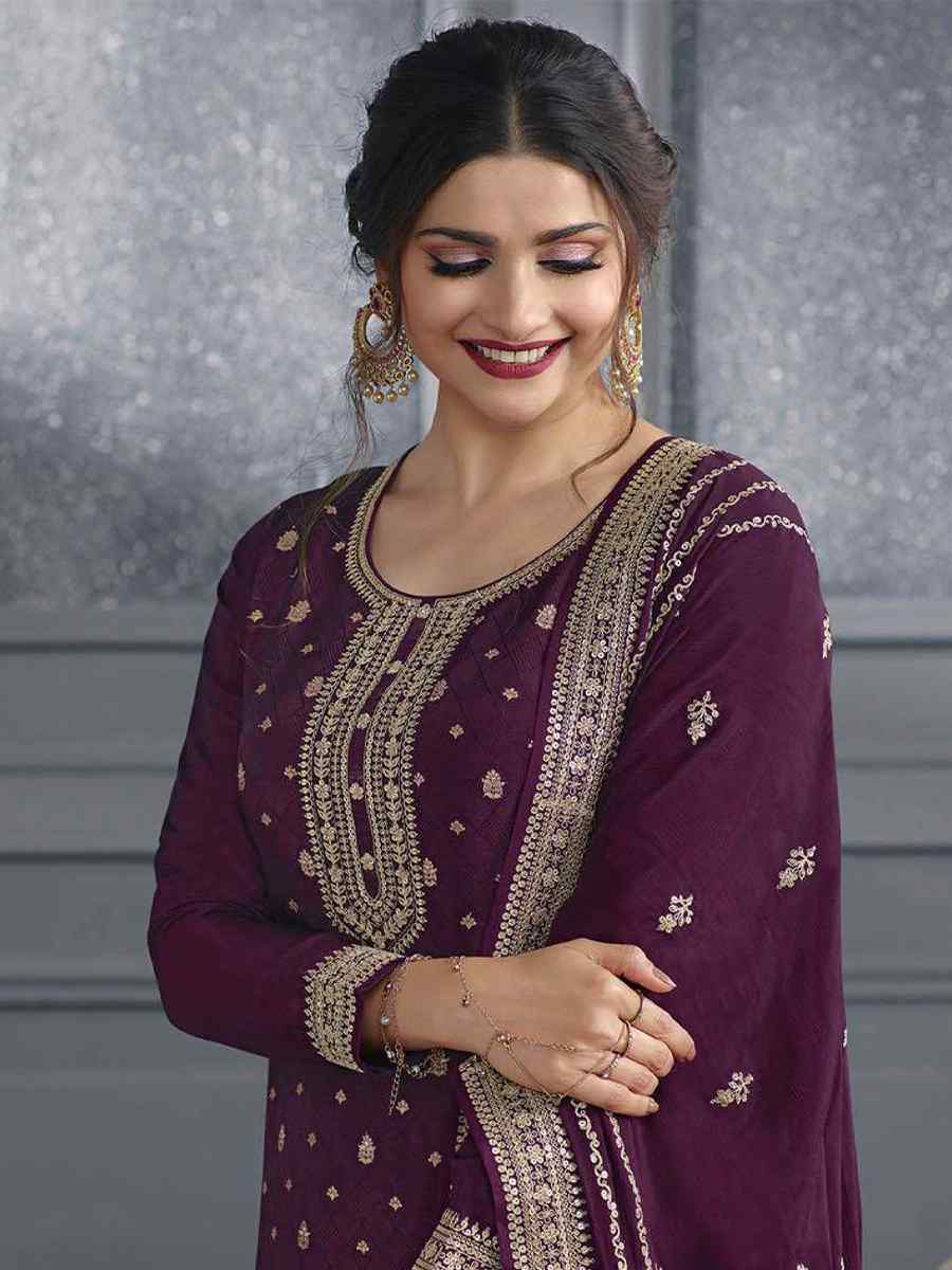 Purple Dola Jacquard Silk Embroidered Festival Wedding Palazzo Pant Salwar Kameez