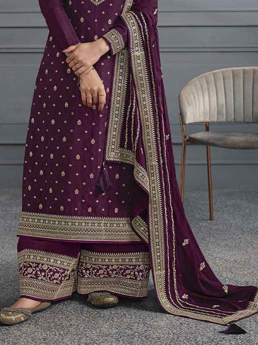 Purple Dola Jacquard Silk Embroidered Festival Wedding Palazzo Pant Salwar Kameez