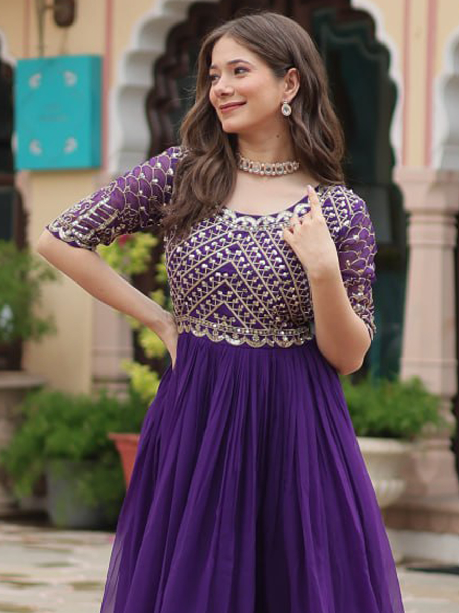 Purple Faux Blooming Embroidered Festival Casual Gown