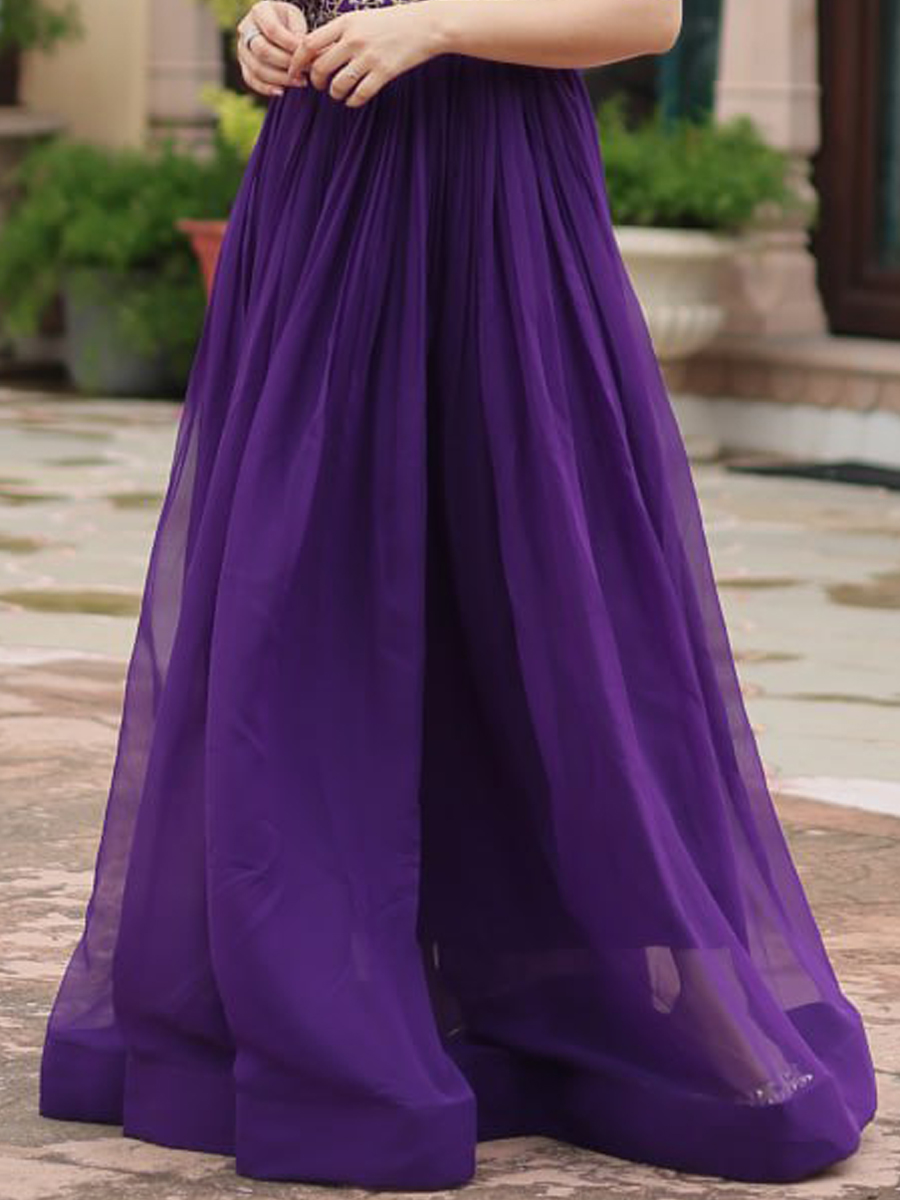 Purple Faux Blooming Embroidered Festival Casual Gown