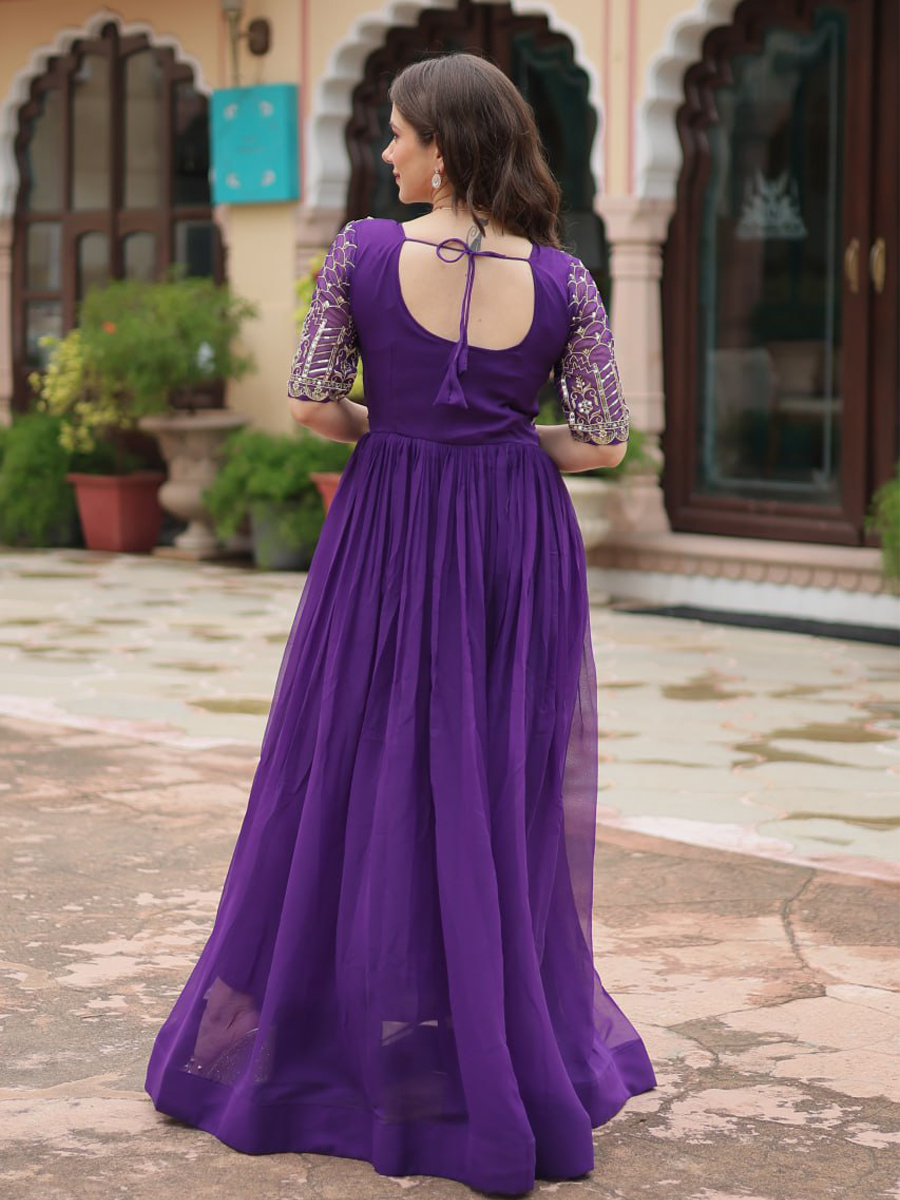 Purple Faux Blooming Embroidered Festival Casual Gown