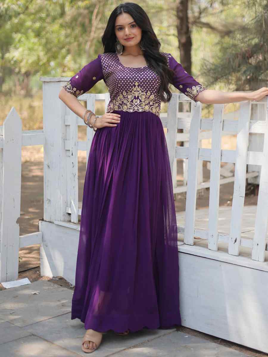 Purple Faux Blooming Embroidered Festival Casual Gown