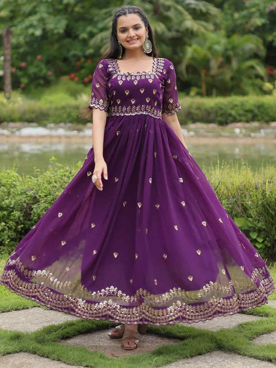 Purple Faux Blooming Embroidered Festival Party Gown