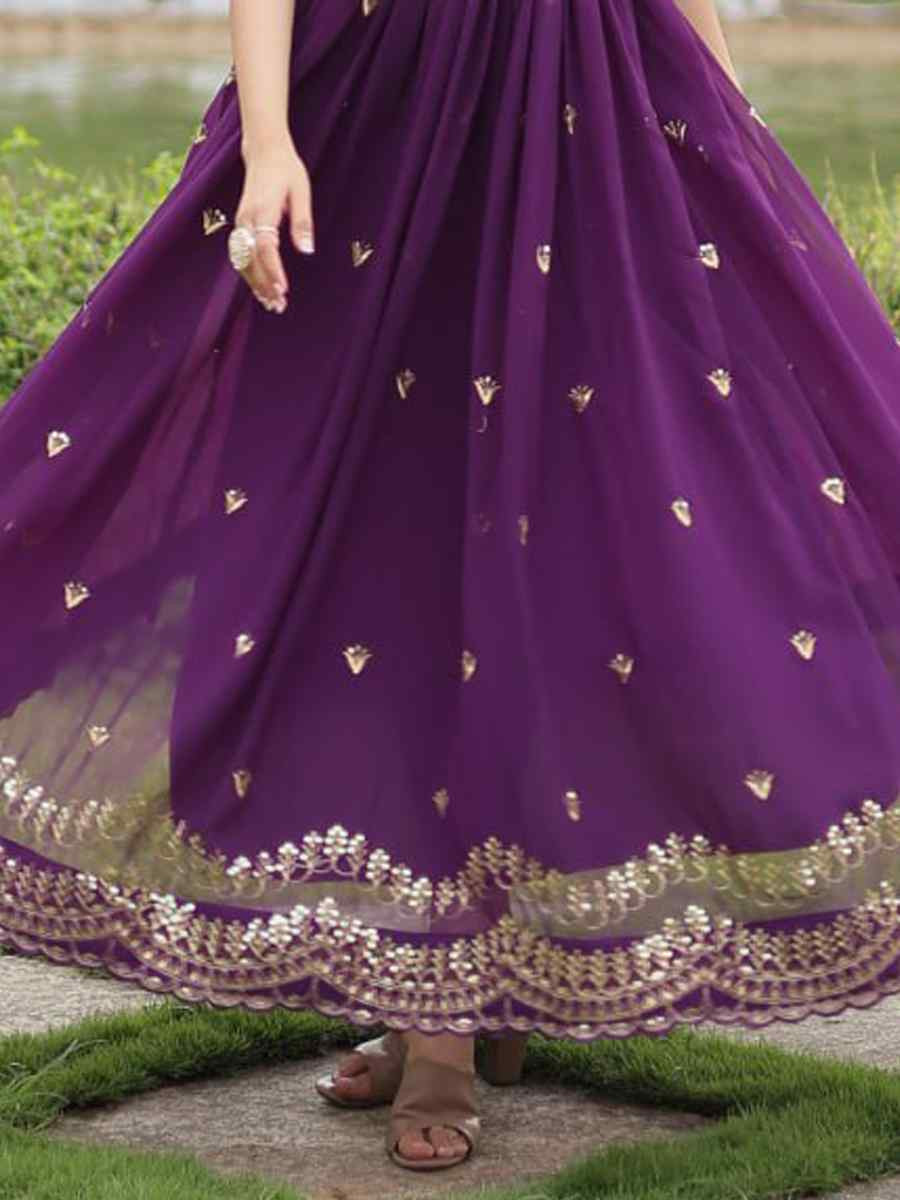 Purple Faux Blooming Embroidered Festival Party Gown