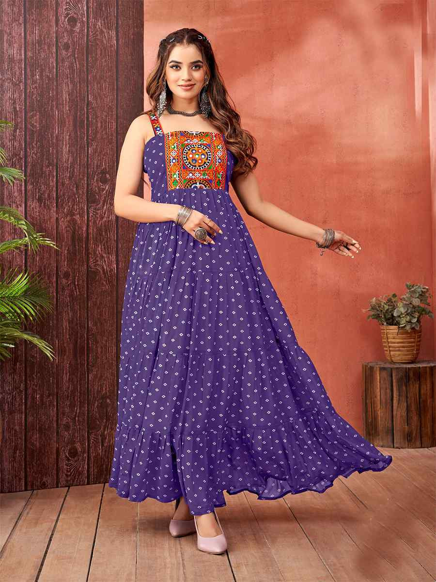 Purple Faux Blooming Georgette Printed Festival Casual Gown