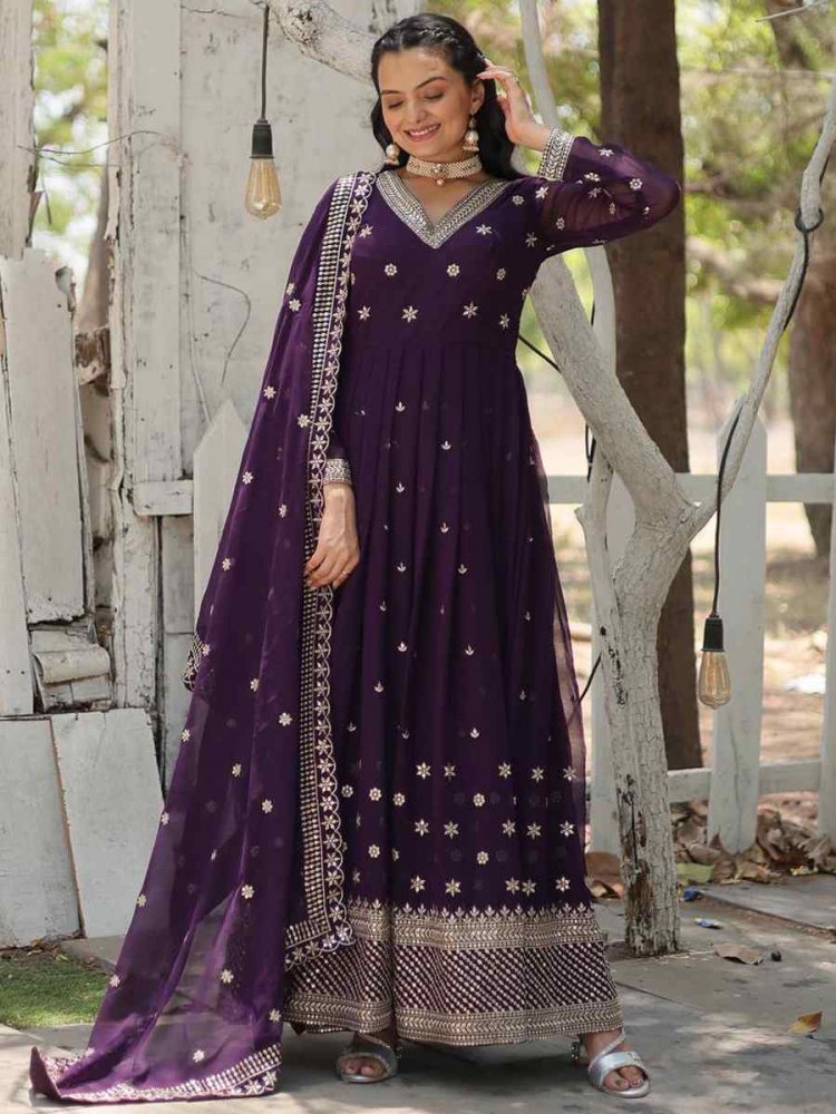 Purple Faux Georgette Embroidered Festival Casual Gown