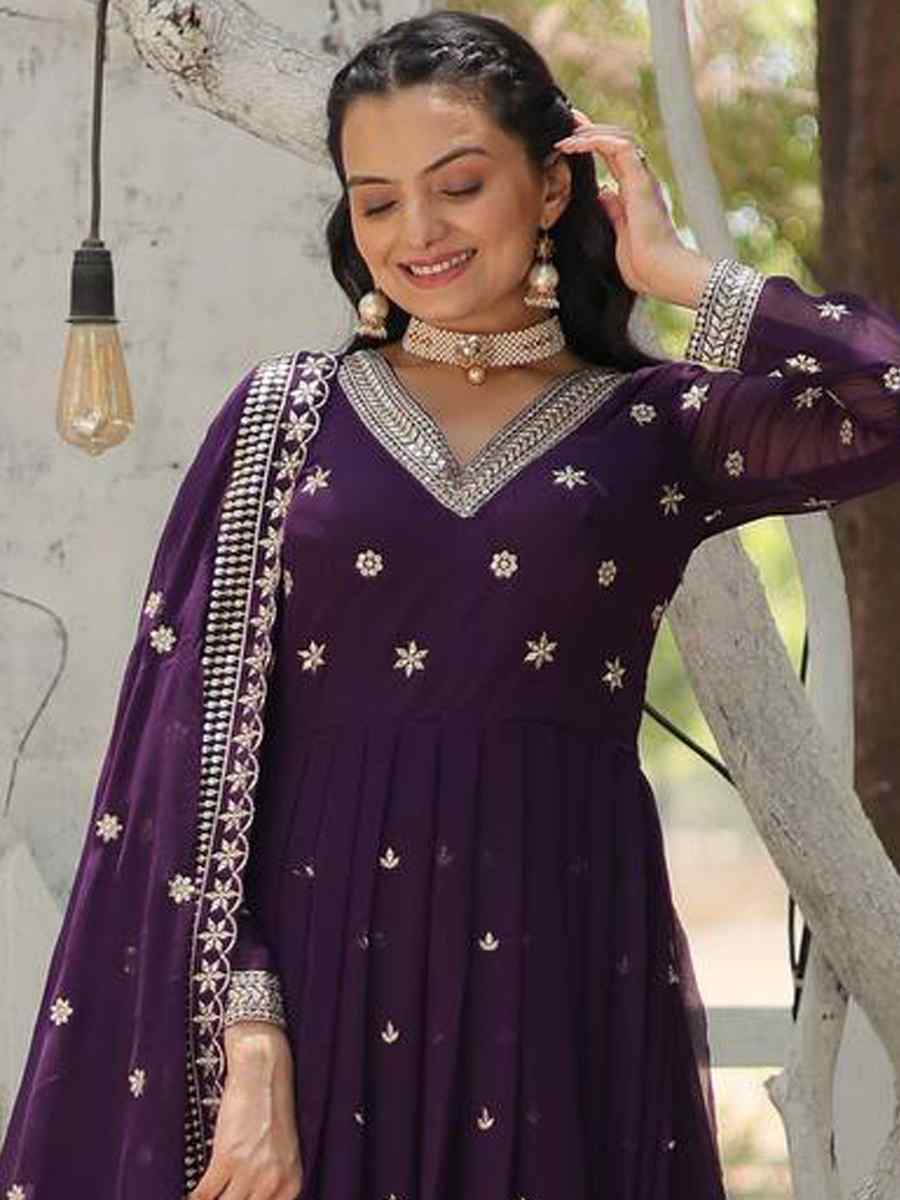 Purple Faux Georgette Embroidered Festival Casual Gown