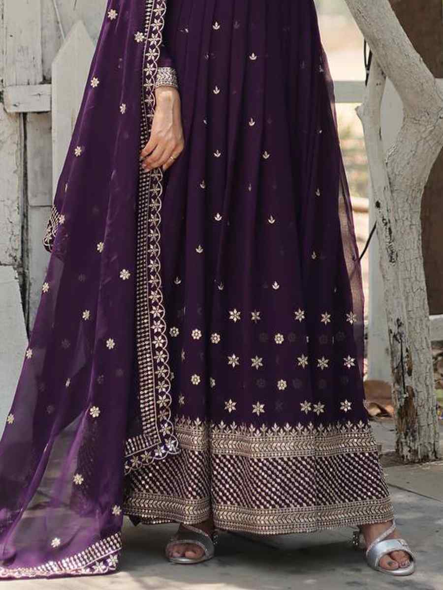 Purple Faux Georgette Embroidered Festival Casual Gown