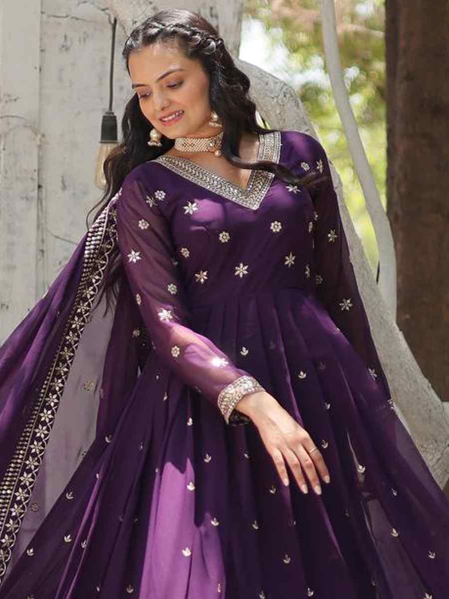 Purple Faux Georgette Embroidered Festival Casual Gown