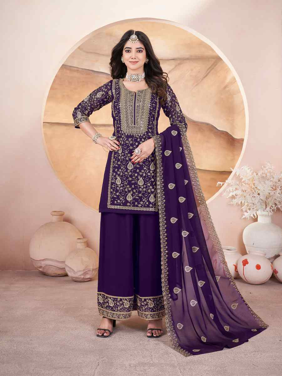 Purple Faux Georgette Embroidered Festival Casual Palazzo Pant Salwar Kameez