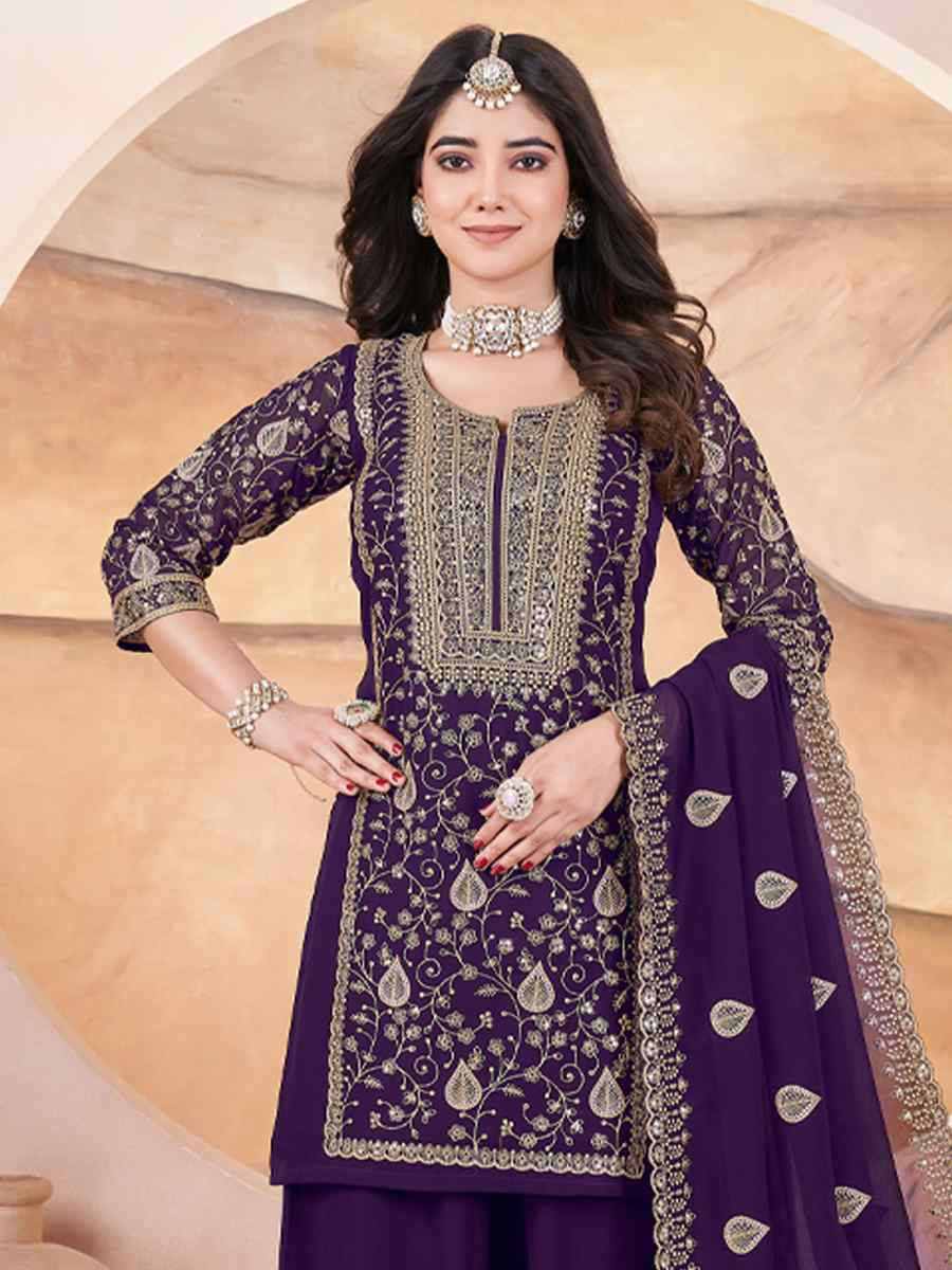 Purple Faux Georgette Embroidered Festival Casual Palazzo Pant Salwar Kameez