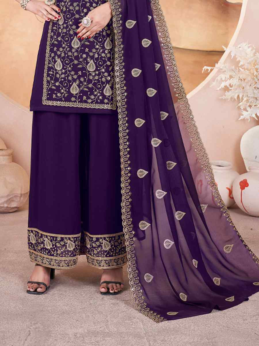 Purple Faux Georgette Embroidered Festival Casual Palazzo Pant Salwar Kameez