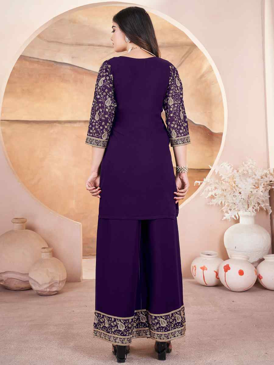 Purple Faux Georgette Embroidered Festival Casual Palazzo Pant Salwar Kameez