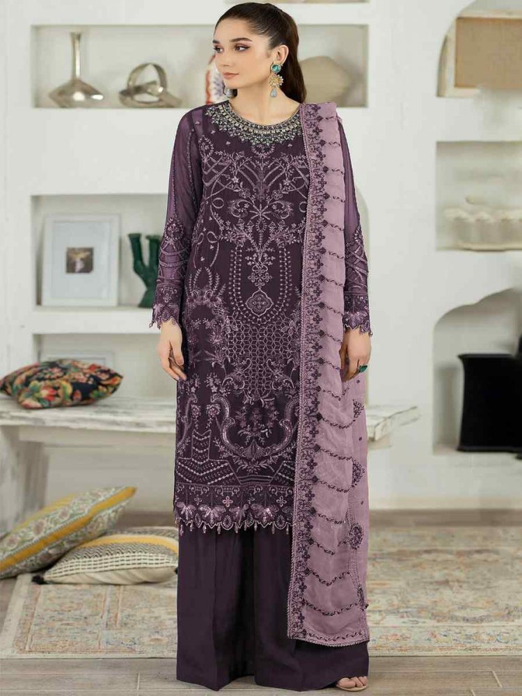 Purple Faux Georgette Embroidered Festival Casual Palazzo Pant Salwar Kameez