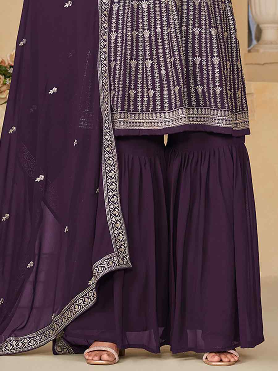Purple Faux Georgette Embroidered Festival Mehendi Sharara Pant Salwar Kameez