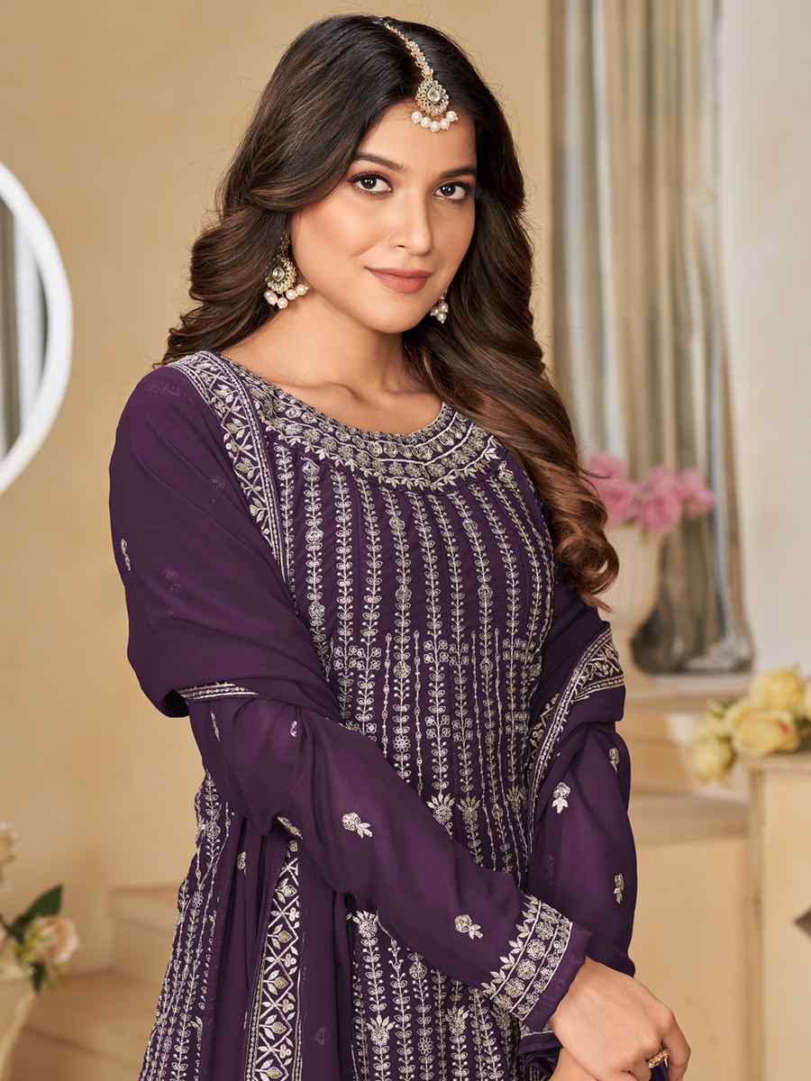 Purple Faux Georgette Embroidered Festival Mehendi Sharara Pant Salwar Kameez