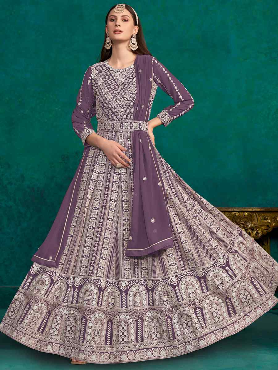 Purple Faux Georgette Embroidered Festival Wedding Anarkali Salwar Kameez