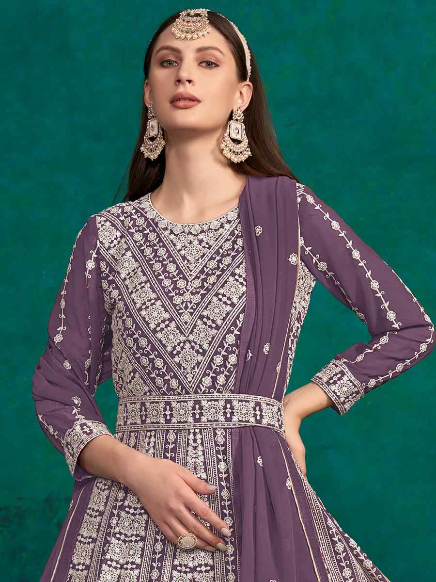 Purple Faux Georgette Embroidered Festival Wedding Anarkali Salwar Kameez