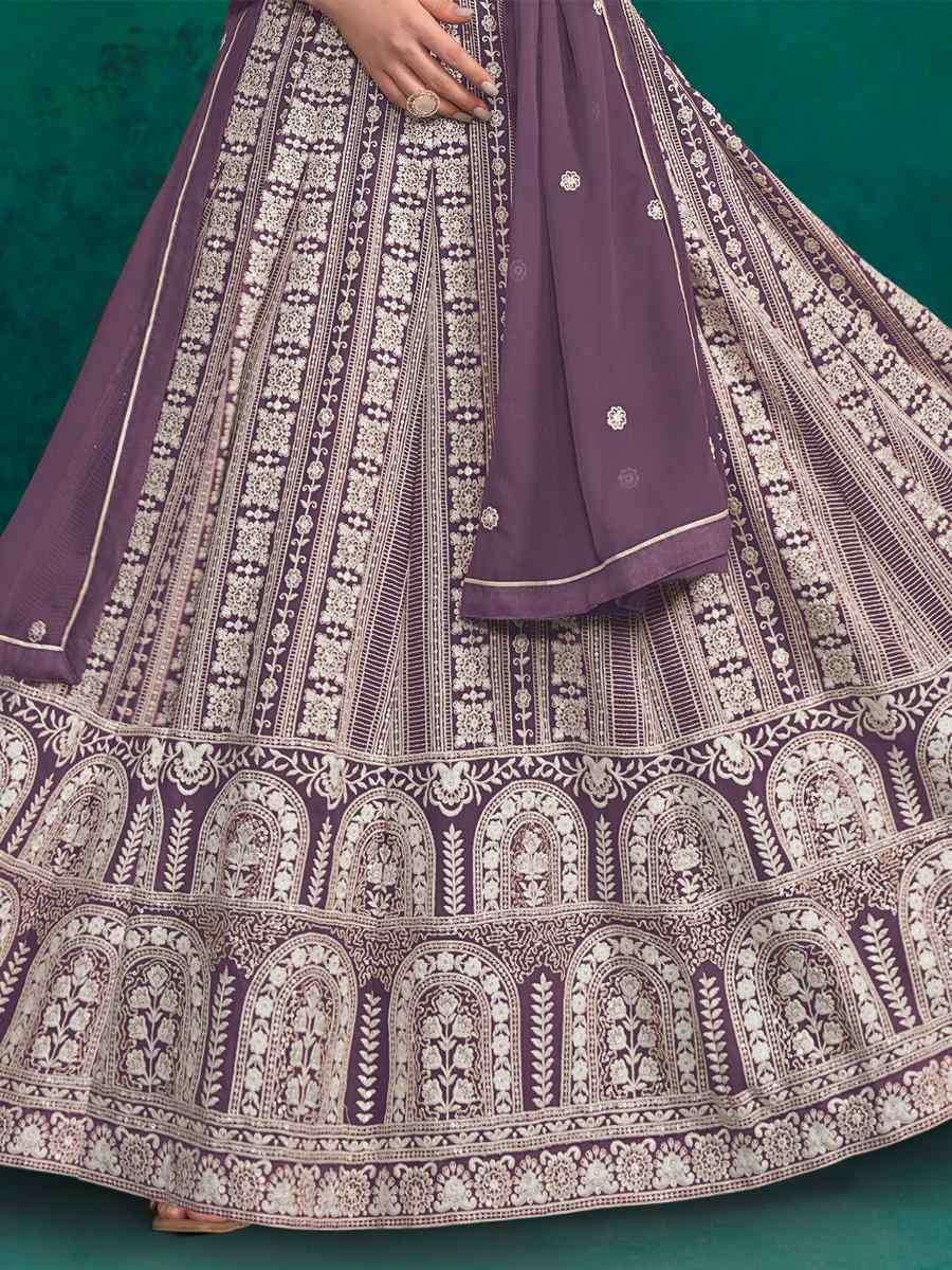 Purple Faux Georgette Embroidered Festival Wedding Anarkali Salwar Kameez