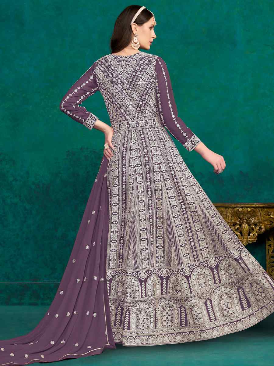 Purple Faux Georgette Embroidered Festival Wedding Anarkali Salwar Kameez