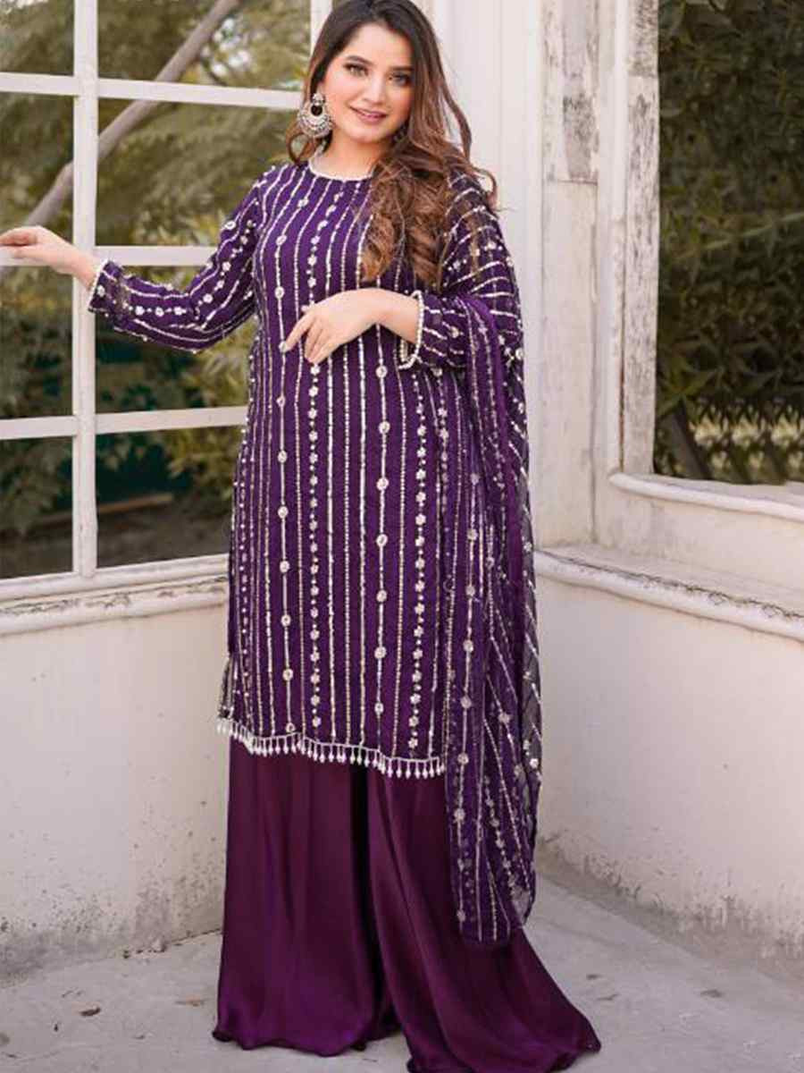 Purple Faux Georgette Embroidered Festival Wedding Palazzo Pant Ready Salwar Kameez