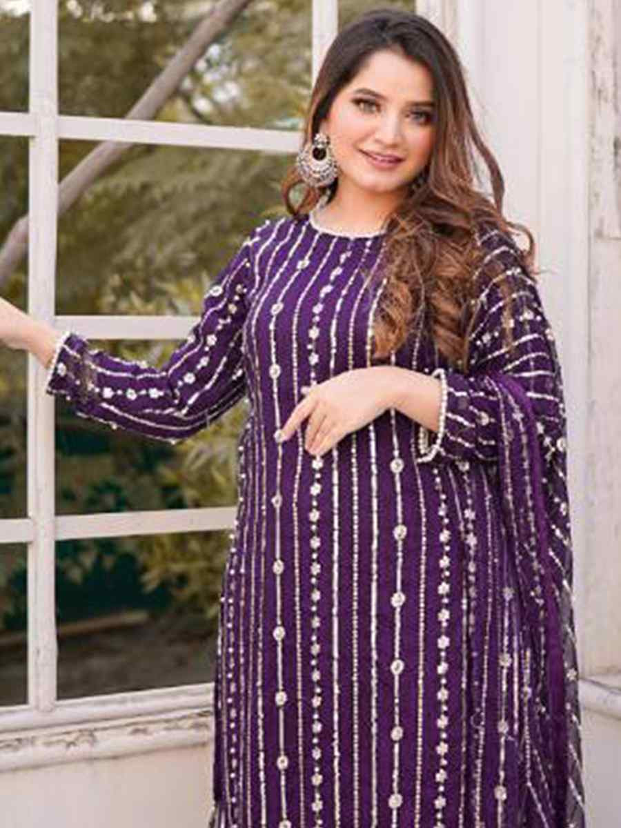 Purple Faux Georgette Embroidered Festival Wedding Palazzo Pant Ready Salwar Kameez