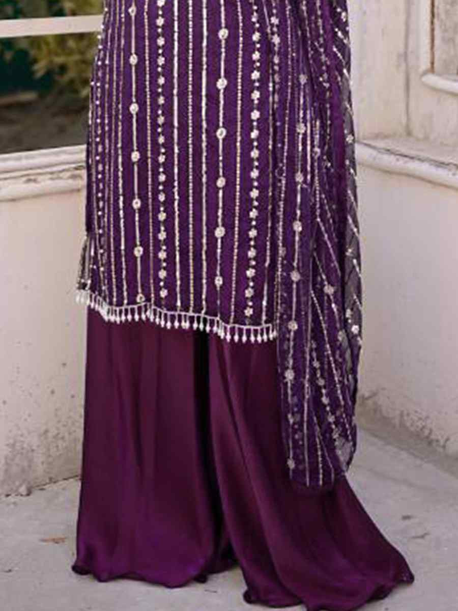 Purple Faux Georgette Embroidered Festival Wedding Palazzo Pant Ready Salwar Kameez