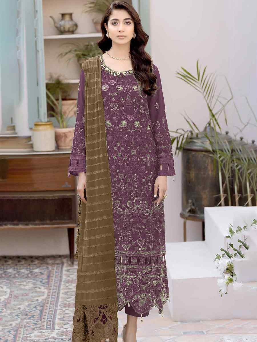 Purple Faux Georgette Embroidered Festival Wedding Pant Salwar Kameez