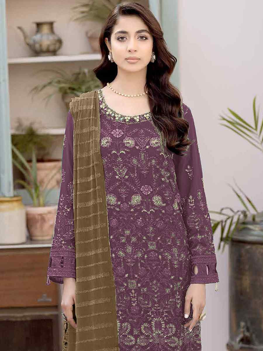 Purple Faux Georgette Embroidered Festival Wedding Pant Salwar Kameez